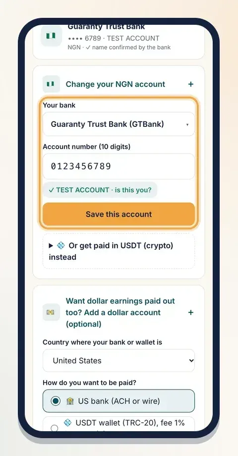 Pick your bank, type the 10-digit number, and the bank confirms the account name