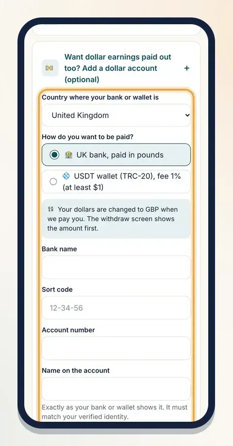 Pick your country first; Klaasi then shows only the ways it can pay you there