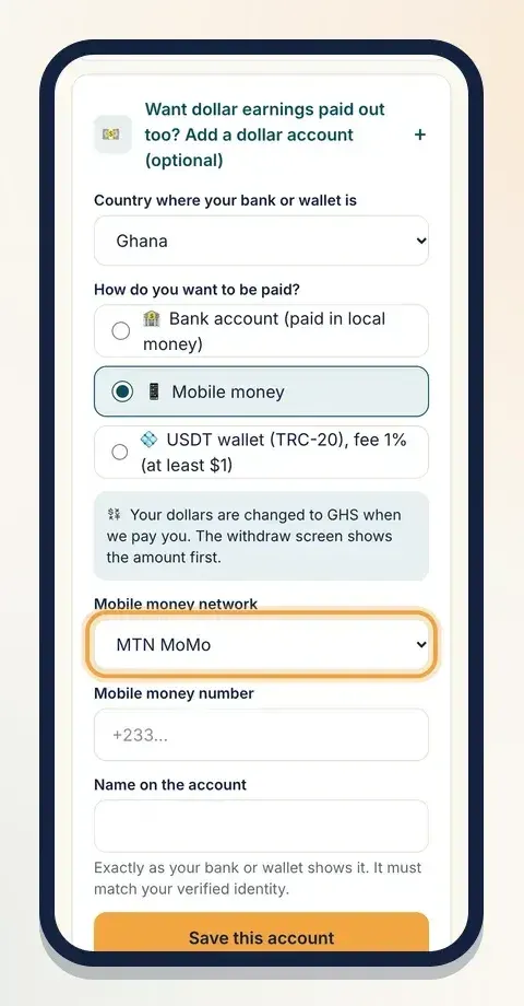 In Ghana, Kenya and Tanzania you can choose mobile money and pick your network