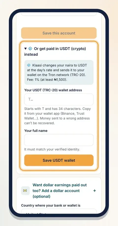 Paste a USDT TRC-20 address that starts with T