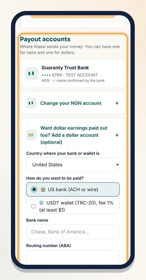 Payout accounts sit on your Wallet page, under your balances