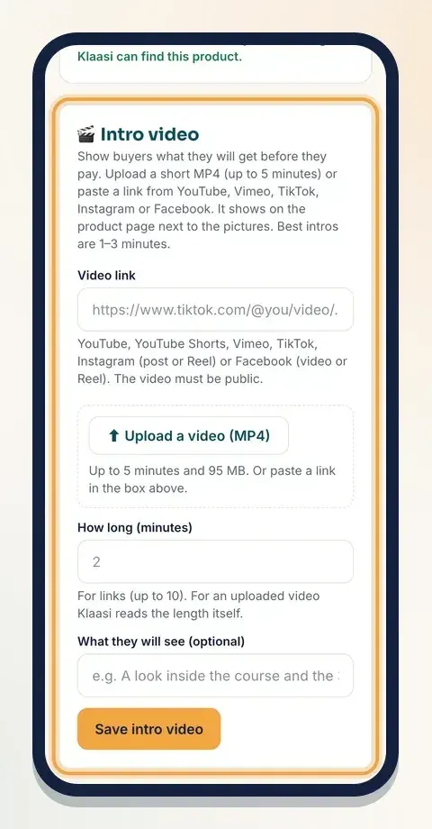 The Intro video box on Selling tools: paste a link at the top or upload an MP4 below