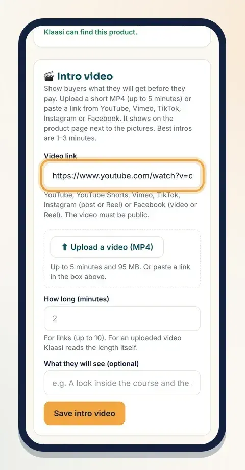 Paste the full link of one public video into Video link, then type how many minutes it is