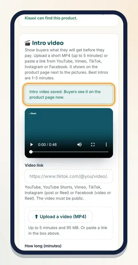 Saved: the green note confirms buyers can see it, and the video plays right in the box