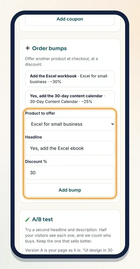 Pick the product to offer, write a headline and a discount, then tap Add bump