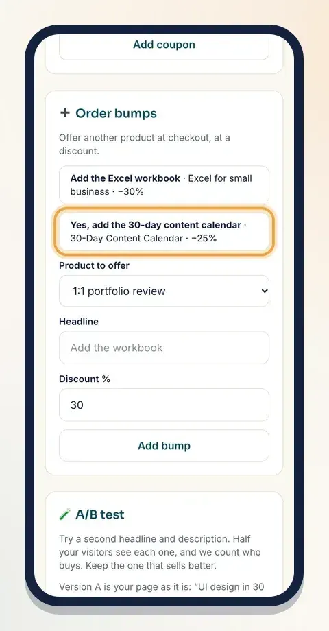 Your bump is listed with its headline, product and discount