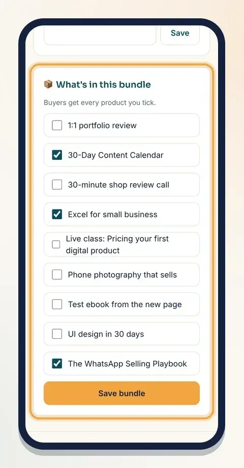 Tick the products to put in the bundle, then tap Save bundle