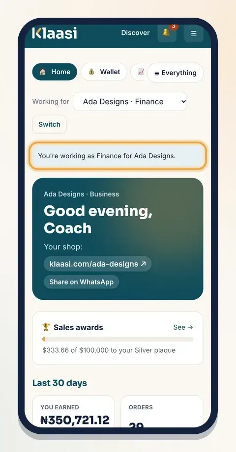 The dashboard says which shop they're working for and in which role