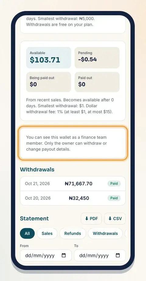 A Finance member sees the wallet and statement, with a note that only the owner can withdraw
