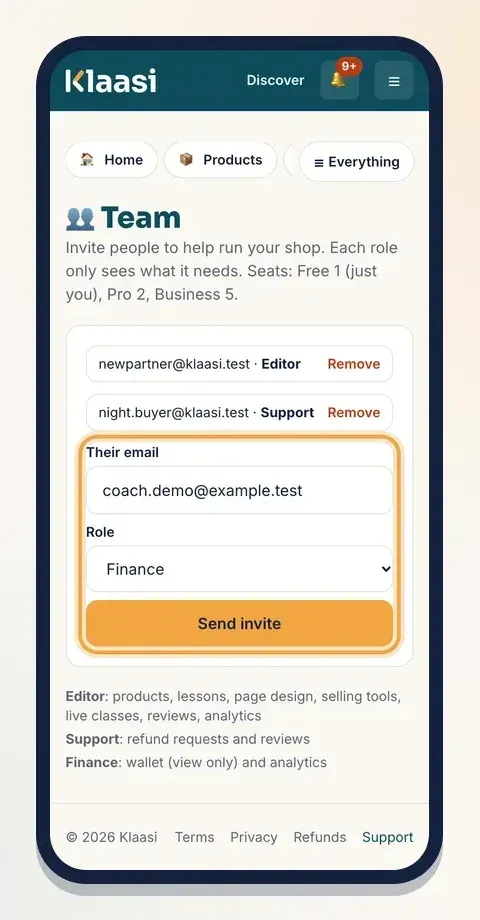 The Team page: who's on your team, and the form to invite someone