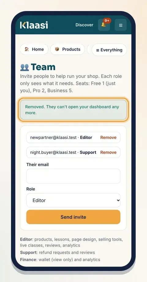 After Remove, Klaasi confirms they can't open your dashboard any more