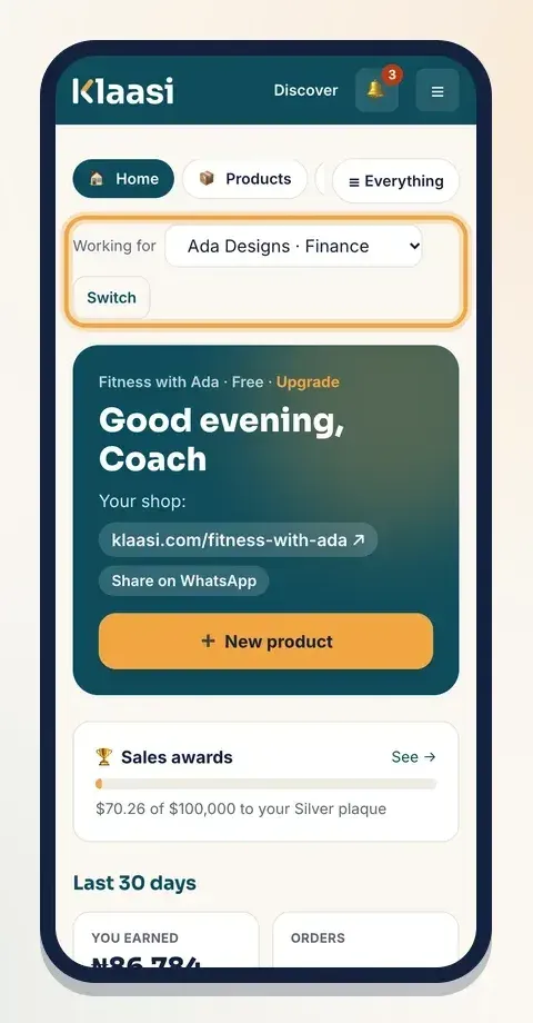 A helper with their own shop picks yours under Working for, then taps Switch