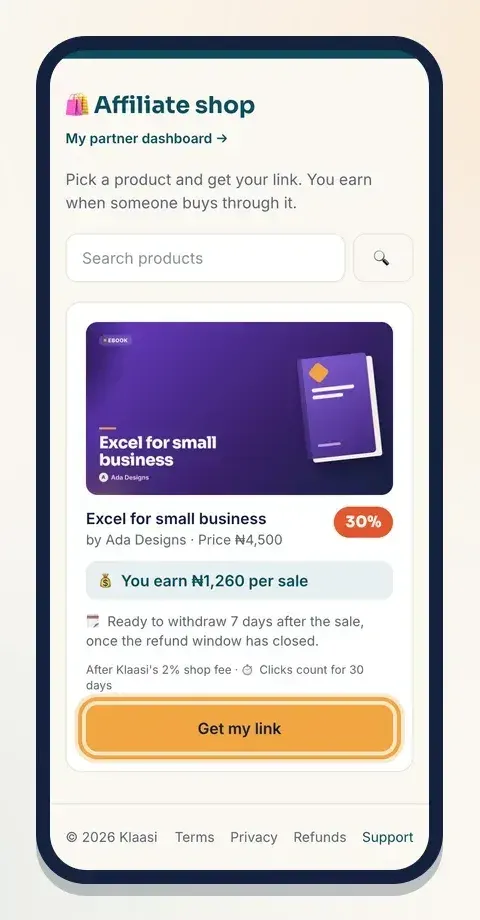 Each product shows what you earn per sale, when it's paid and how long clicks count