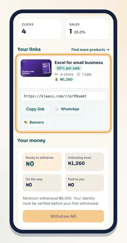 Your partner dashboard: copy your link and see clicks, sales and what you earned