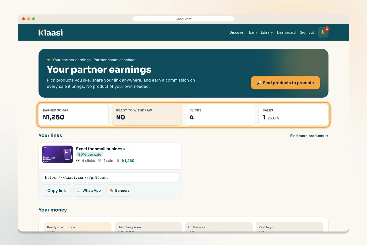 The top of your partner dashboard shows earnings, clicks and sales