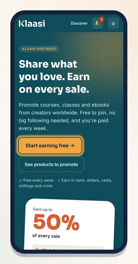 The Klaasi Partners page: tap Start earning free to join