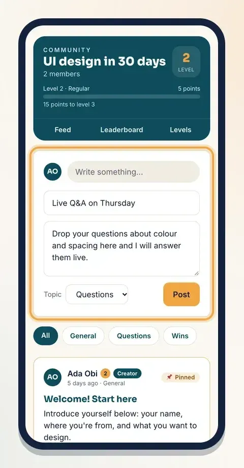 Write a title, your message and a topic, then tap Post