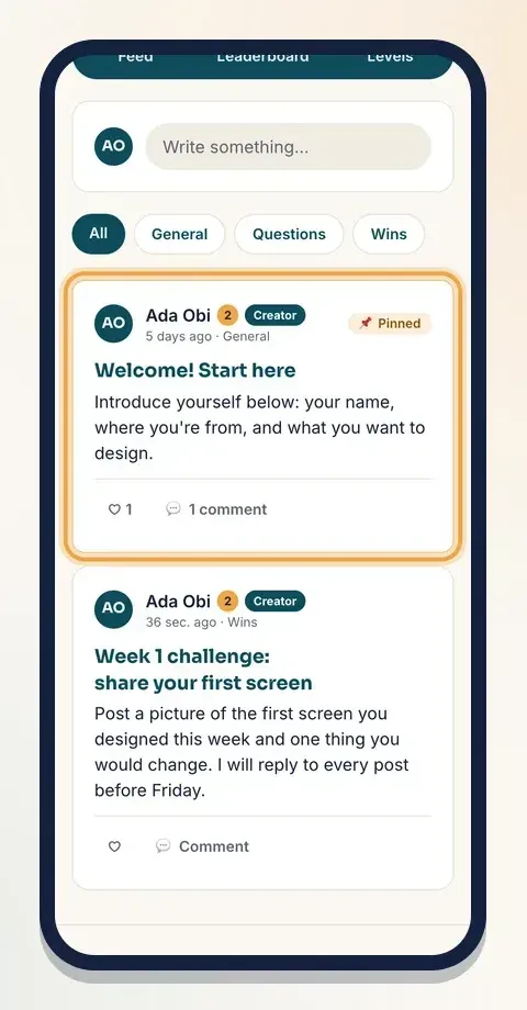 Your posts show a Creator badge; pinned posts stay at the top