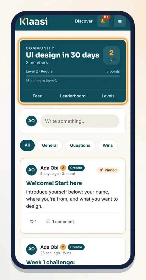 The community header shows your level, your points and the three tabs