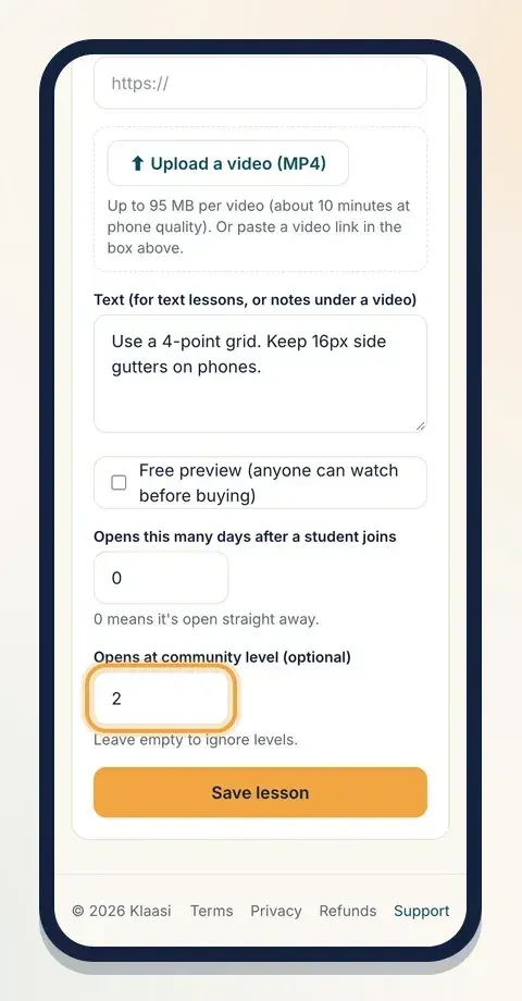 Type a level, like 2, to keep a lesson locked until a member reaches it