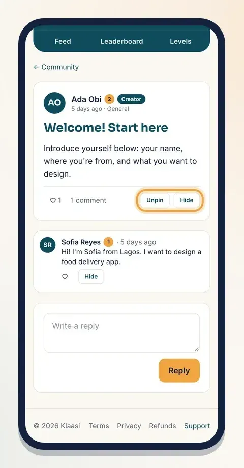 Open a post to pin it, hide it, or hide a reply