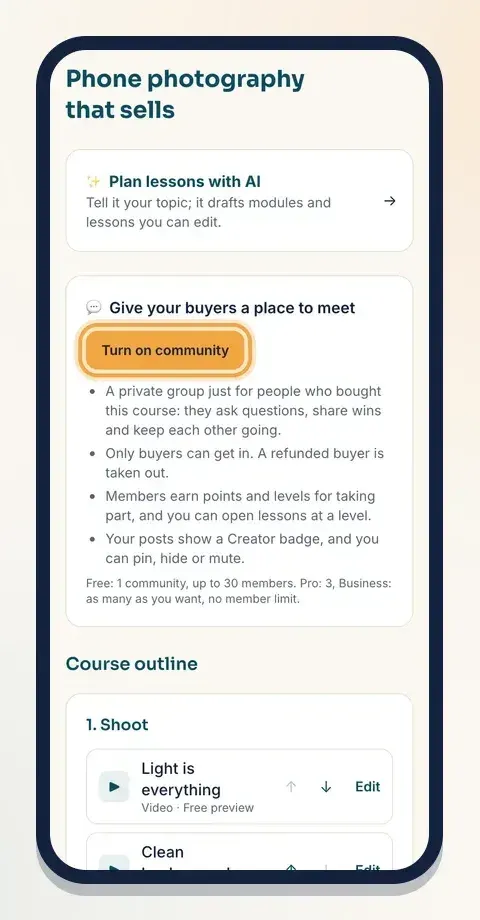On your course page, tap Turn on community