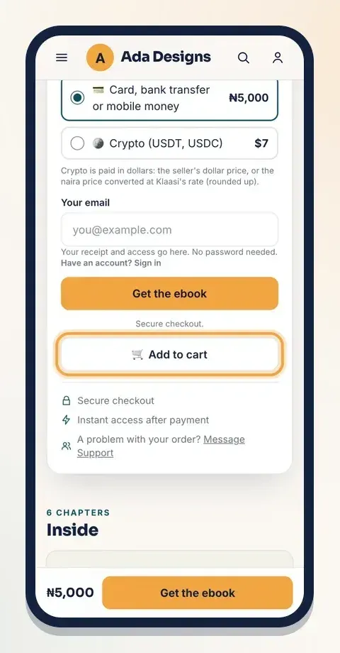 Add to cart lets you collect several products from one shop and pay once