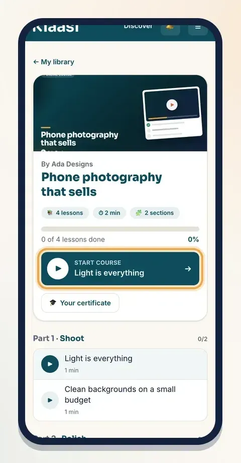 The course page shows your progress and a big button for the next lesson