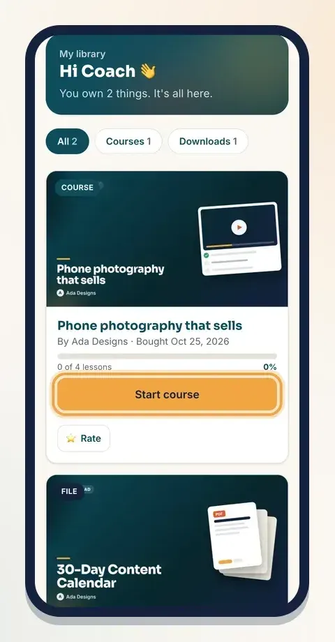 My library shows every purchase with one clear button, like Start course