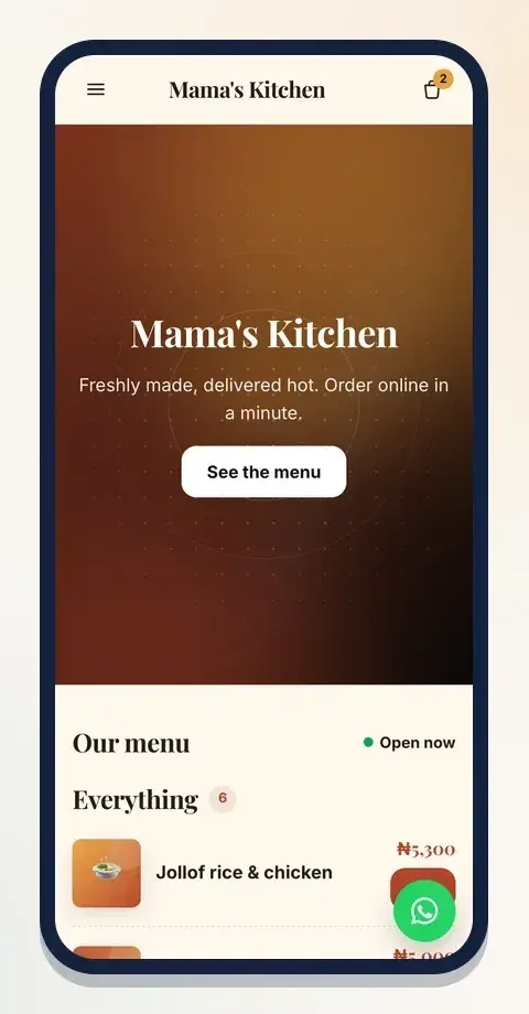 Bistro, the free food theme: a warm banner, then the menu with an Open now sign