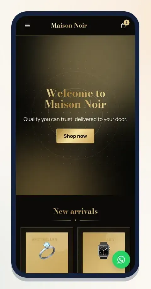 Gold Room: black and gold, with a serif heading and products in jewellery-case cards