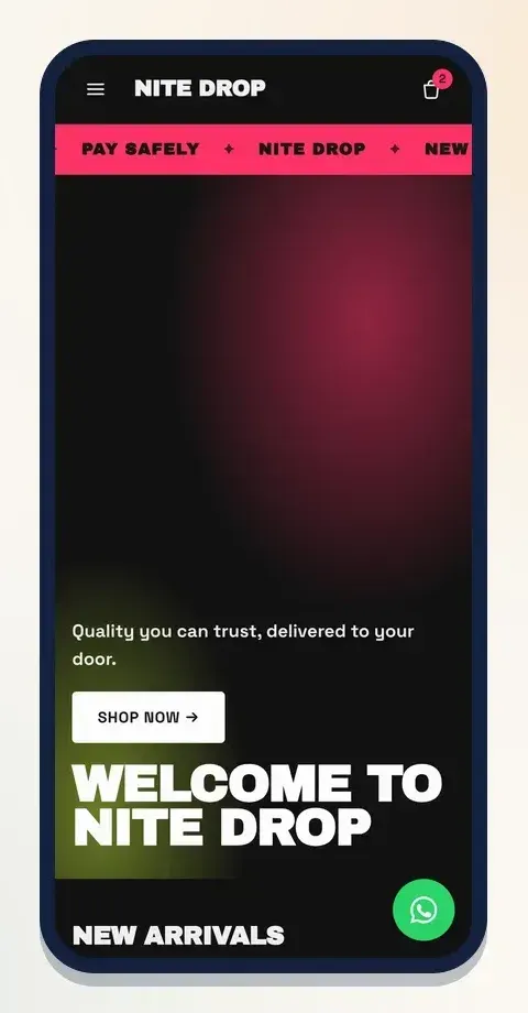 Noir Drop: a dark streetwear theme with neon colours and moving words at the top