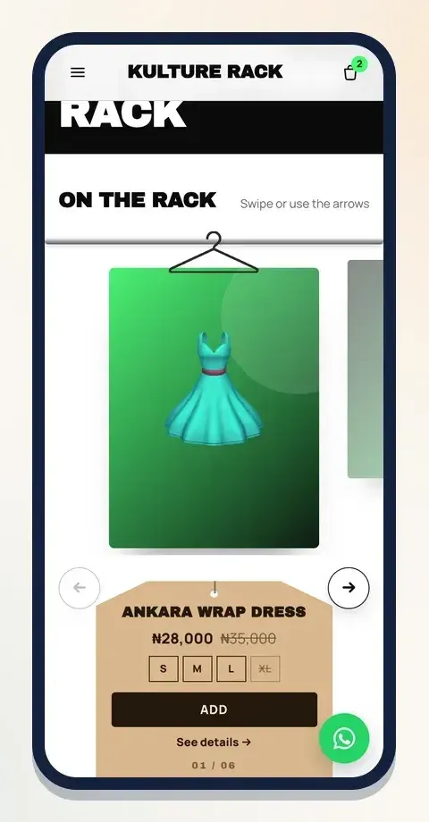 The Rack's signature block: clothes on a rail with a swinging price tag, sizes and an Add button