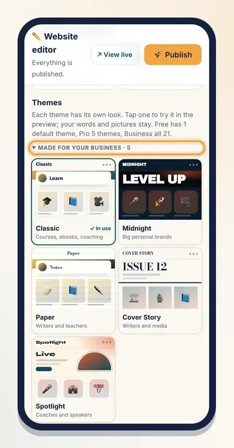 On a phone, tap Design to see the themes. Each card says who the theme suits