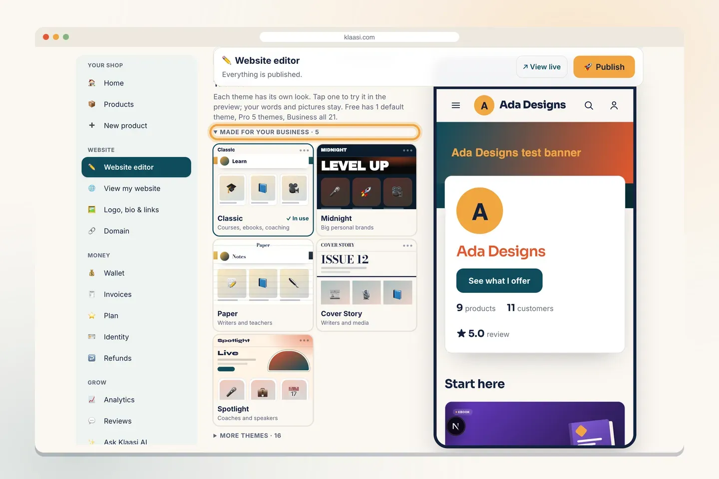 The Design tab of the Website editor on a computer: themes made for your business come first, with a live preview on the right