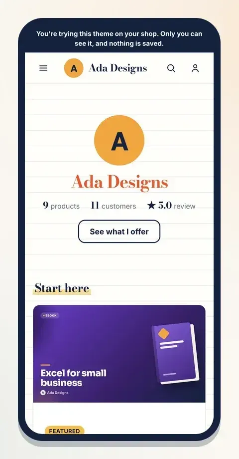 A creator shop trying the Paper theme with ?preview=1&theme=minimal. The strip at the top says only you can see it