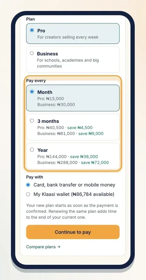 Choose Pro or Business, then Month, 3 months or Year