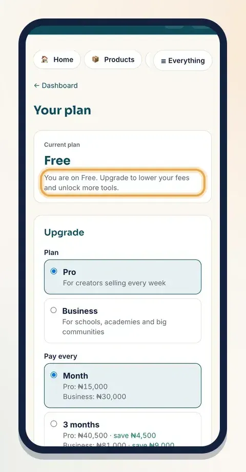 On Free, the plan page shows your current plan and the Upgrade box