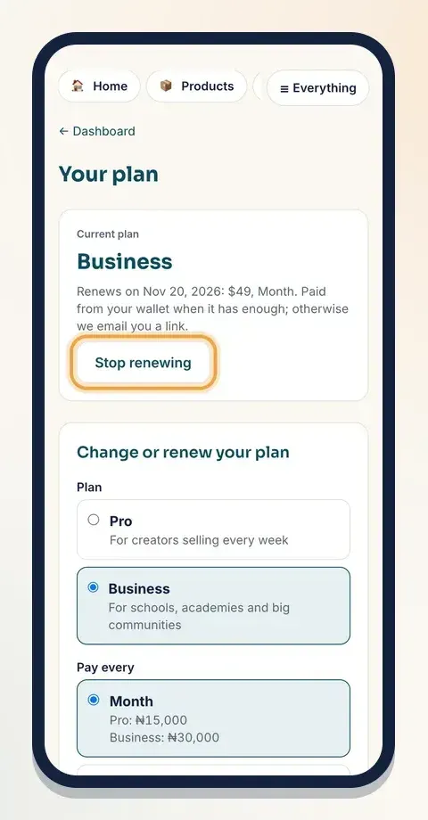 A paid plan shows the next renewal date, the amount and a Stop renewing button