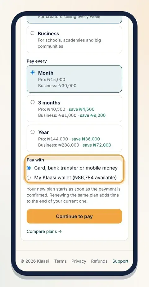 Pay by card, bank transfer or mobile money, or straight from your Klaasi wallet