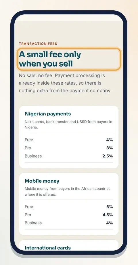 Transaction fees are shown per payment method on the pricing page