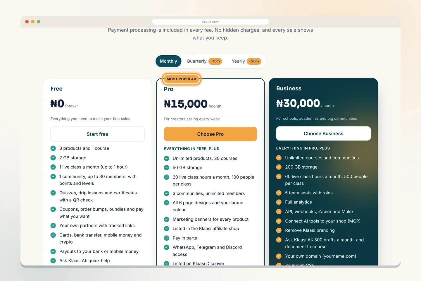 The pricing page puts Free, Pro and Business side by side