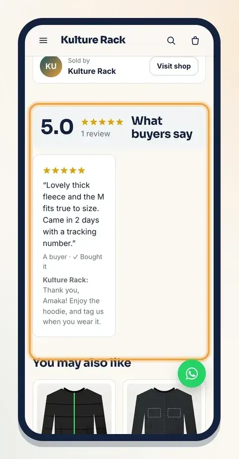 On a shop item, What buyers say shows the rating, the review and your reply