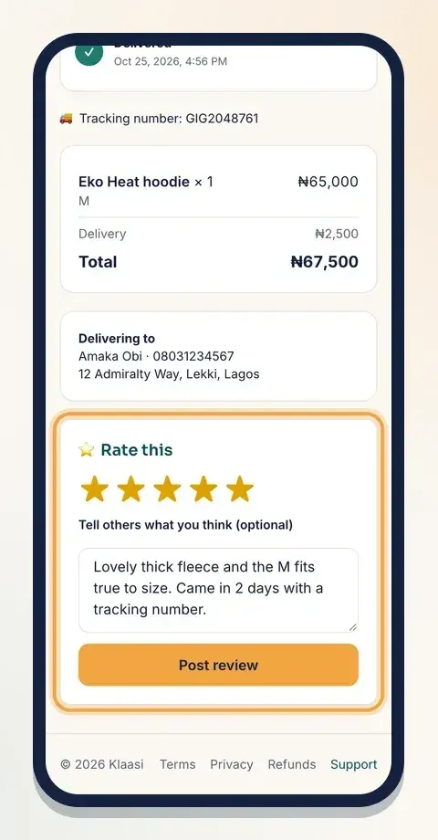 Buyers tap the stars, write a few words and tap Post review
