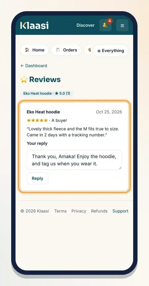 Dashboard → Reviews: read every review and reply under it