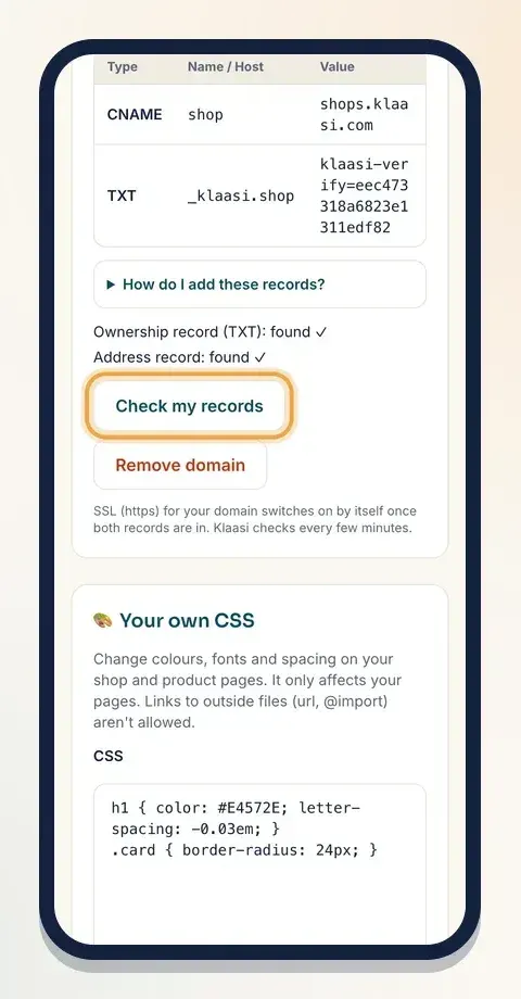 Tap Check my records. Each record shows found ✓ once it works