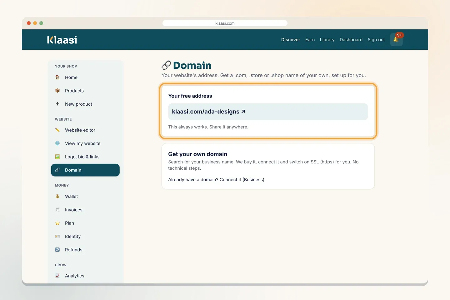 Open Domain in the menu. Your free klaasi.com address is at the top, and Get your own domain is right under it