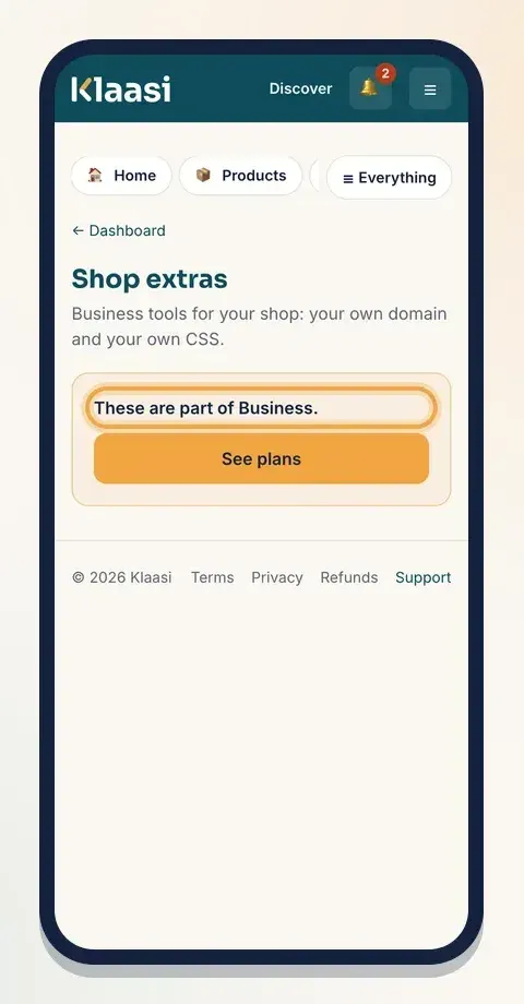 On Free or Pro, Shop extras shows that your own domain and your own CSS are part of Business