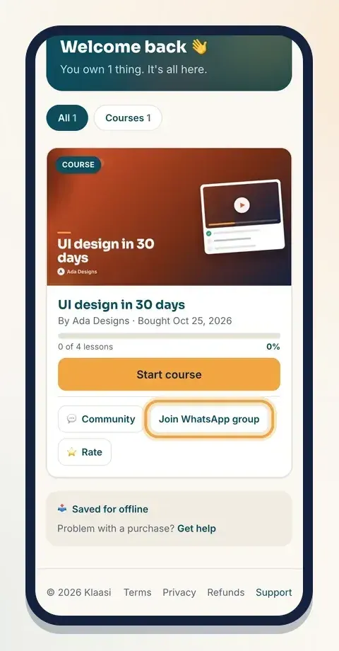 Paying buyers see Join WhatsApp group on the product in their library