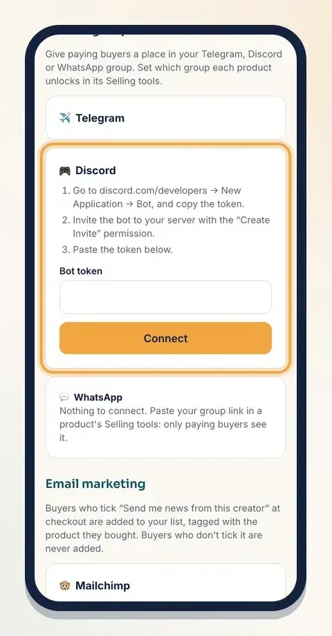 For Discord, make a bot, give it the Create Invite permission and paste its token